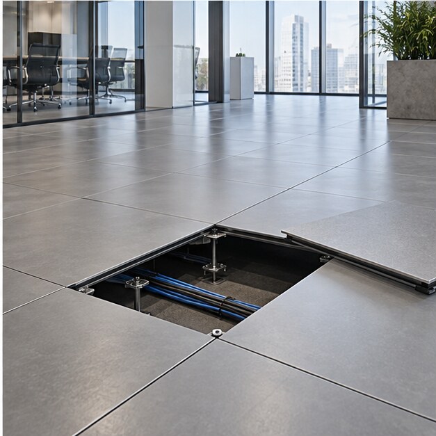 Raised access flooring system for modern office projects