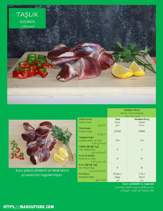 Altınkaz Turkish goose gizzards shown with fresh and frozen pack details