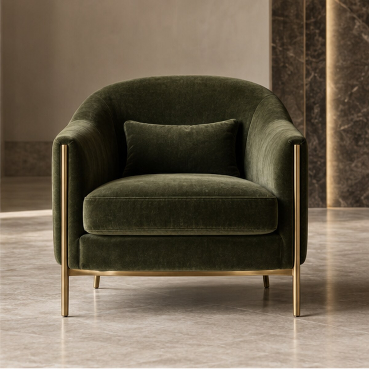 Luxury olive velvet hospitality armchair with brass frame