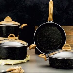 Black granite-coated cookware pots and frying pan from Marouf Türk catalogue