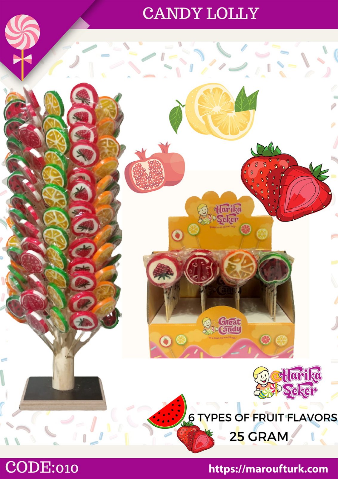Fruit flavour lollipop display in the Turkish candy catalogue