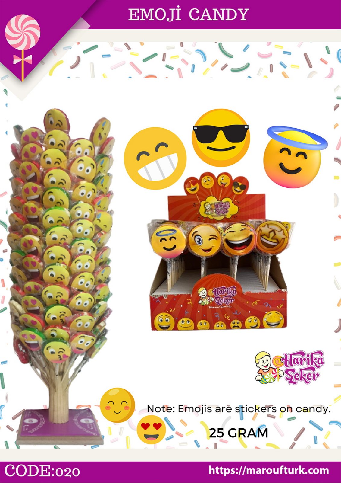 Emoji face novelty candy lollipops in display stand