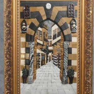 Framed marble artwork depicting a historic street from Marouf Türk Marble Art catalogue