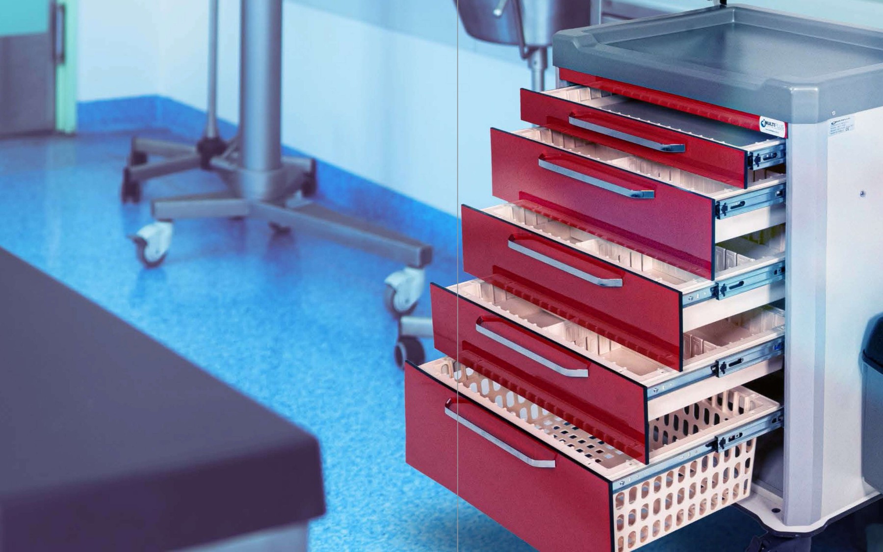 Hospital medication and treatment cart with storage drawers