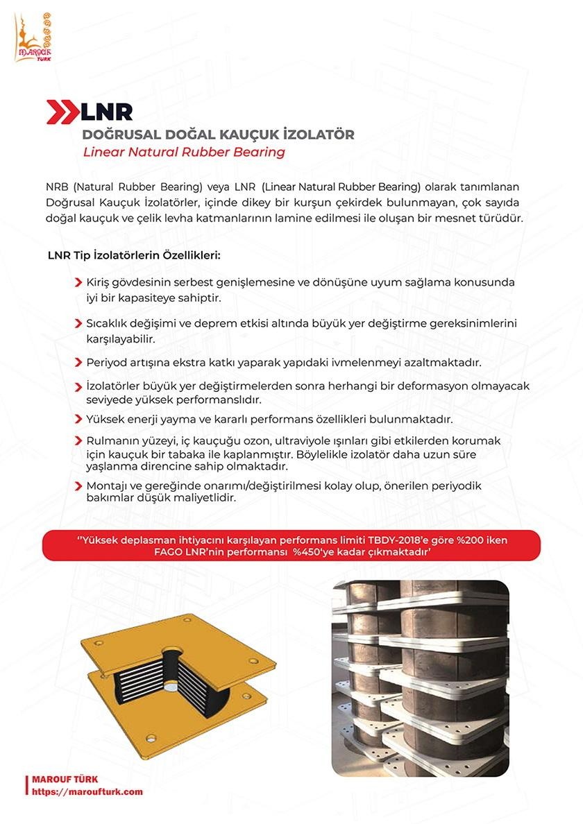 FAGO LNR linear natural rubber bearing with cutaway illustration and product photograph