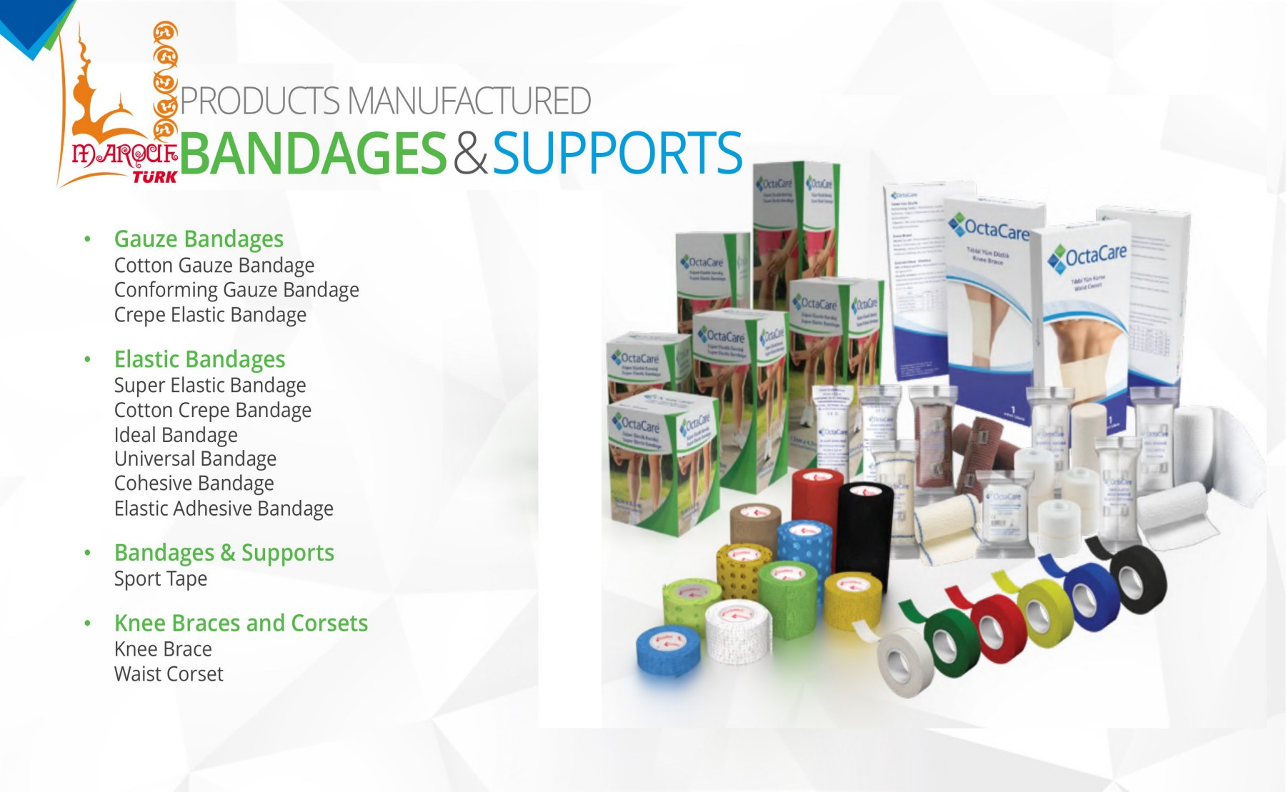 OCTAMED gauze and elastic bandages, sport tape and selected supports