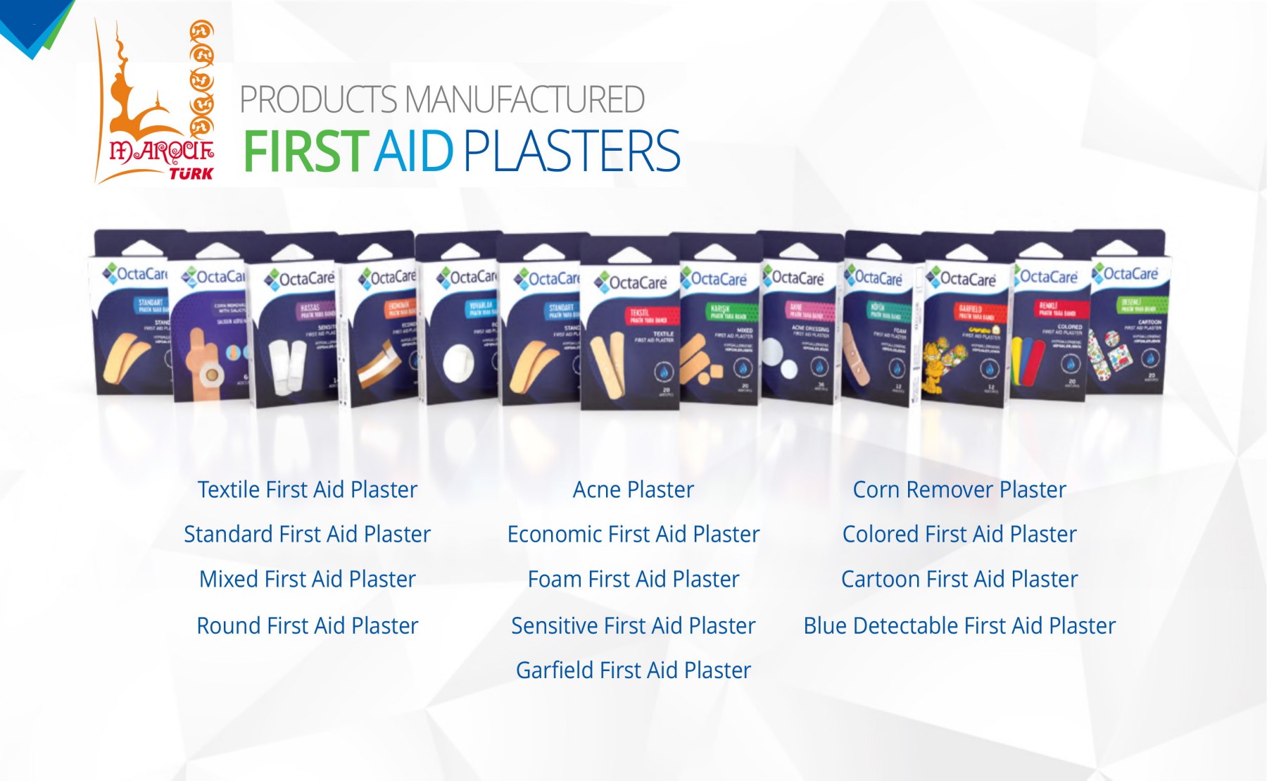 OCTAMED first-aid plaster range in assorted materials, shapes and colours