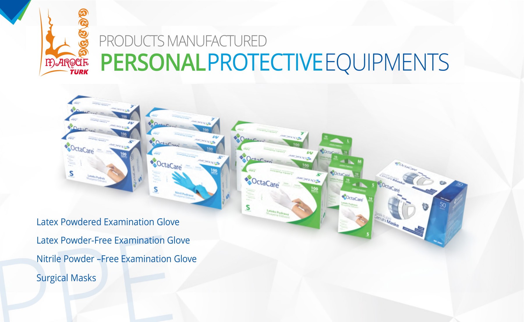 OCTAMED latex and nitrile examination gloves and surgical masks