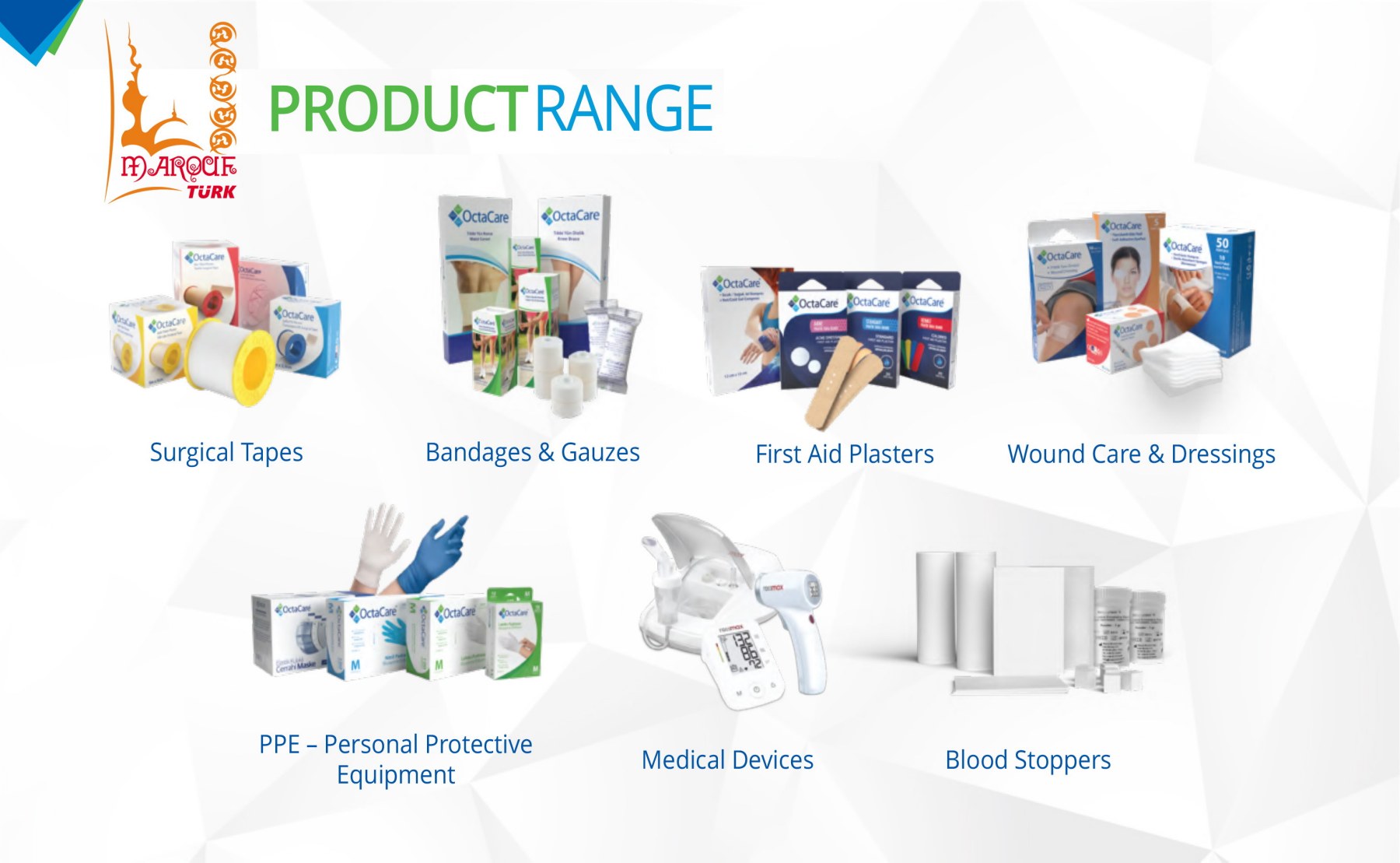 OCTAMED catalogue overview of tapes, bandages, dressings, first-aid plasters and protective products