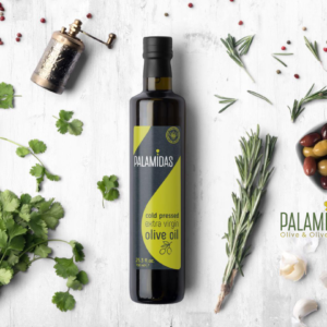 Palamidas olive oil bottle and olives from the Marouf Türk catalogue