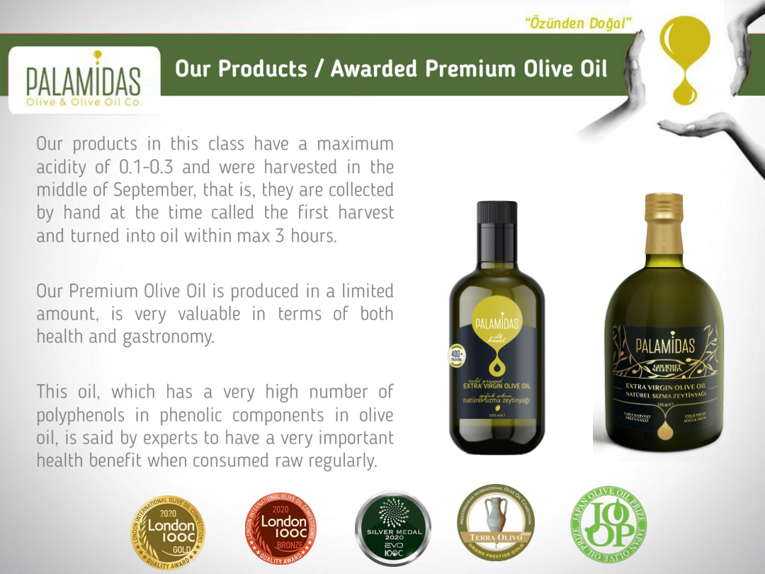 Palamidas premium olive oil bottle and product details
