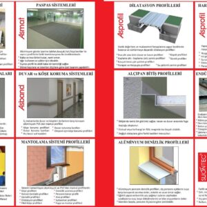 Catalogue overview showing expansion, parapet and industrial steel joint profiles alongside other building accessories