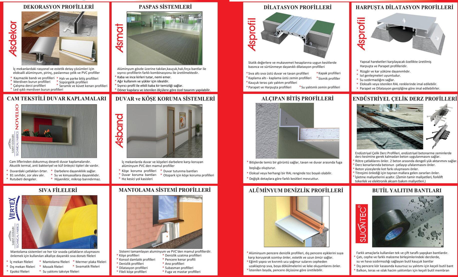 Catalogue overview showing expansion, parapet and industrial steel joint profiles alongside other building accessories
