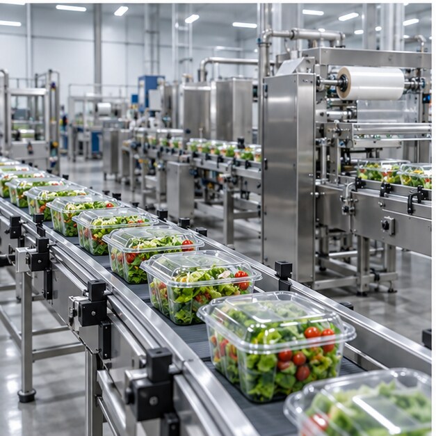 Automated food processing and packaging conveyor line