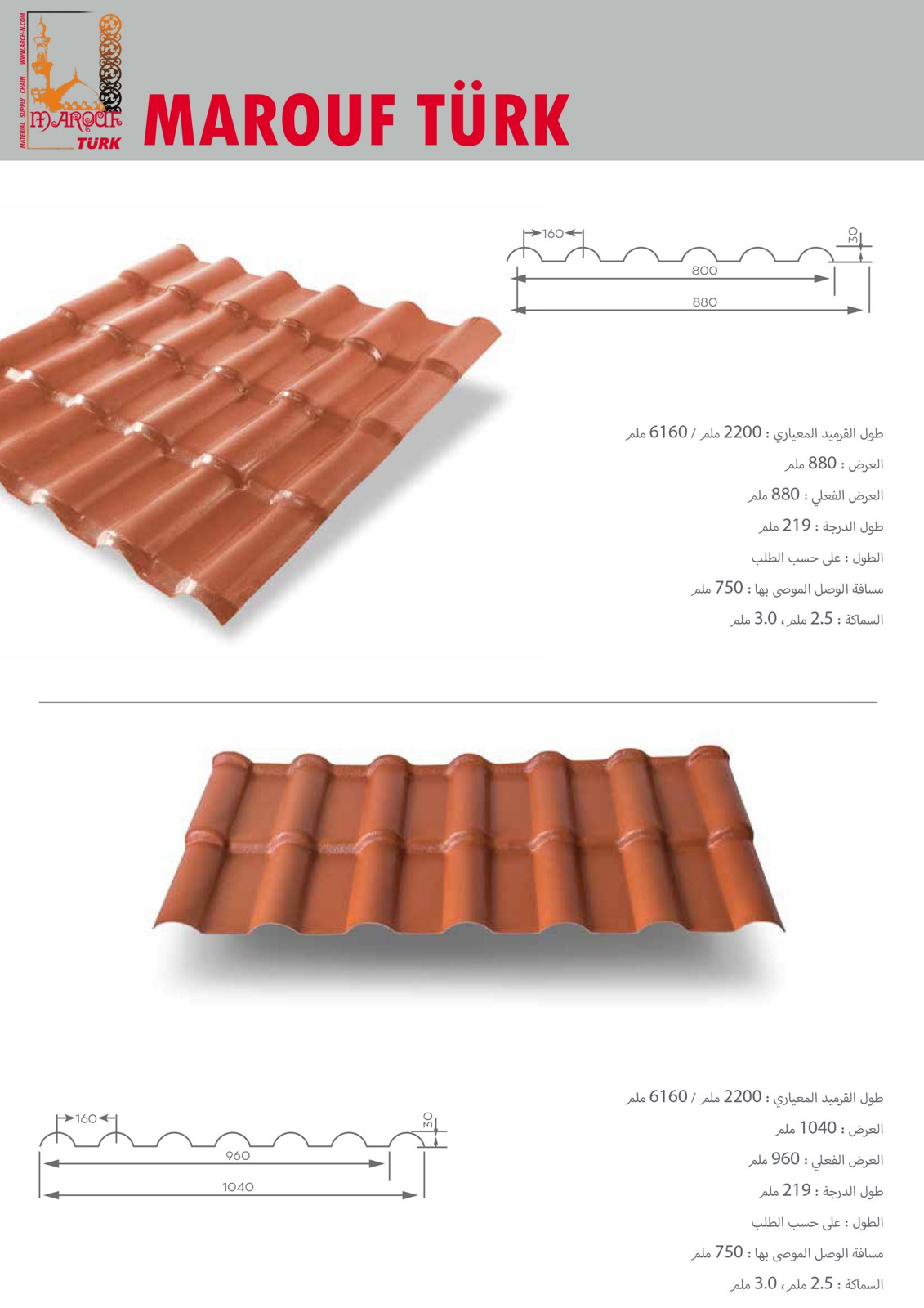 880 mm and 1040 mm PVC roof tile sheet profiles and catalogue dimensions