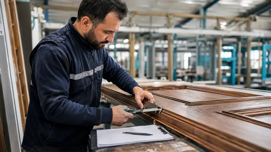 Quality inspector measuring a manufactured door