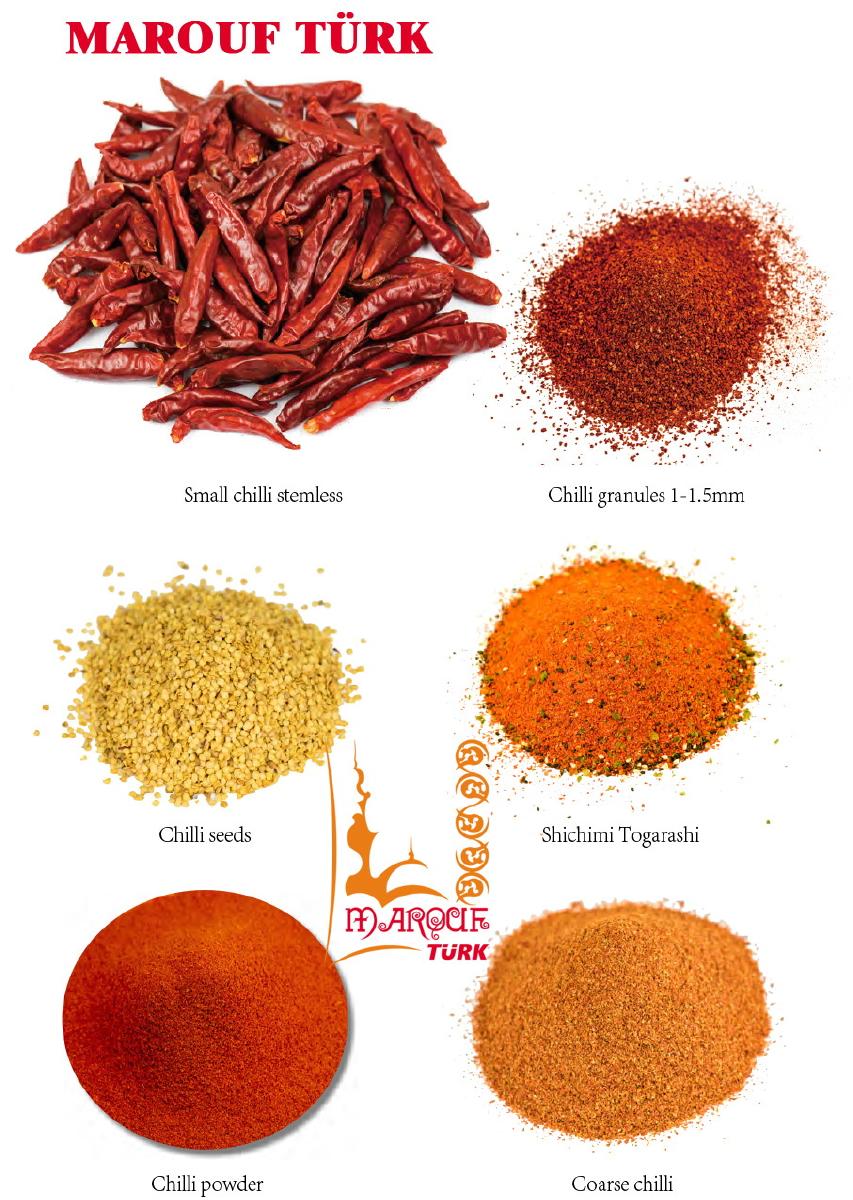 Chilli granules, seeds and powder varieties