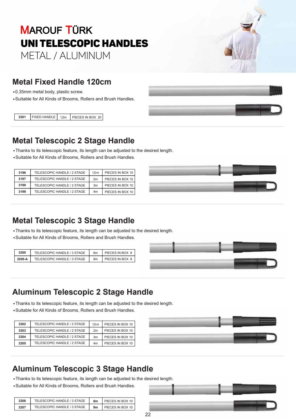 Fixed metal handle and two-stage and three-stage metal and aluminium telescopic handles