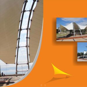 Tensile fabric canopy showing membrane edge connections, cables and supporting columns